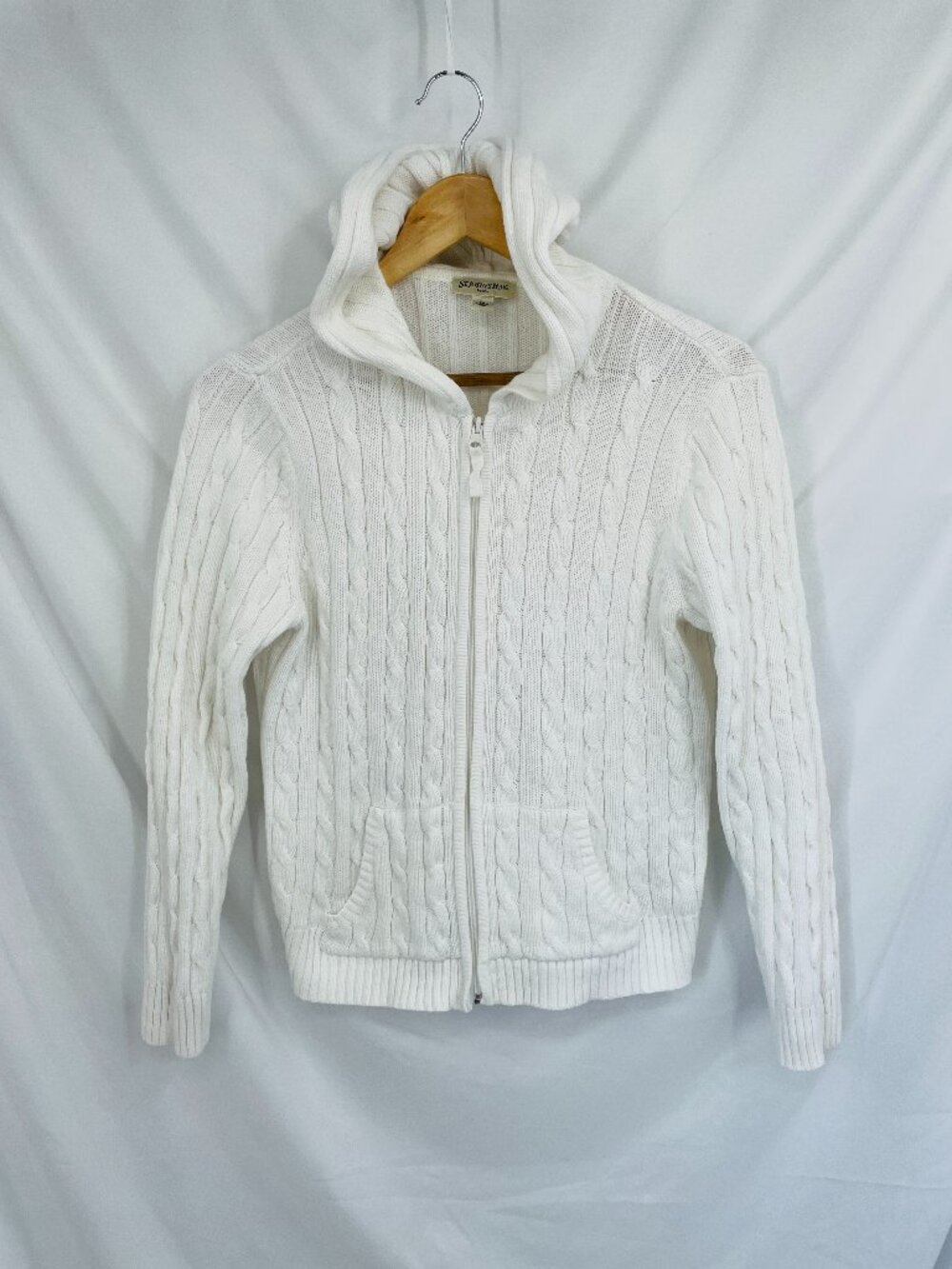 St. John's Bay PETITE Women's White Cable Knit Hooded Zip-Up Sweater